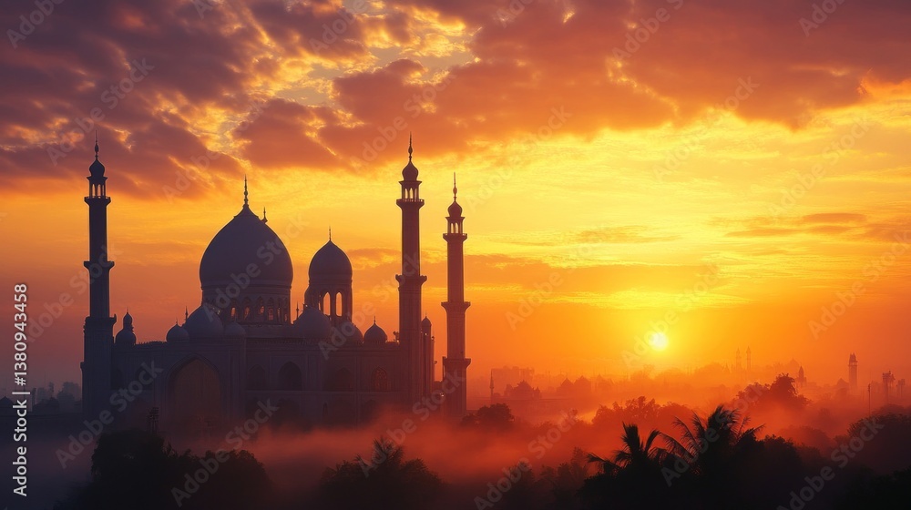 Majestic mosque illuminated by a vibrant sunrise, radiating serenity and spiritual warmth