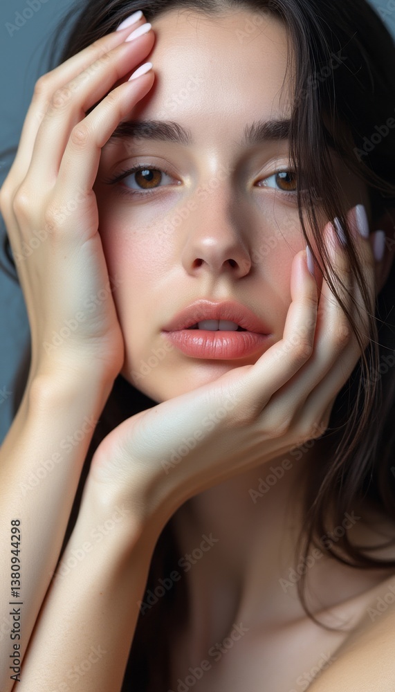 Fototapeta premium This stunning portrait captures a young woman with expressive eyes and flawless skin, framed by her gently placed hands. The image radiates a sense of vulnerability and beauty, inviting viewers to