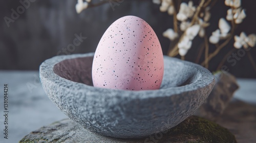 Obraz na płótnie Pastel speckled Easter egg nestled in a rustic stone bowl with floral accents w salonie