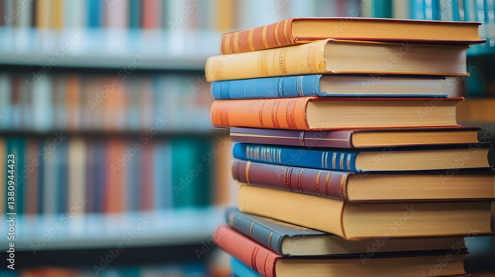 Stack of various colorful books arranged neatly in a library setting with a soft focus background Stack of various colorful books arranged neatly in a library setting with a soft focus background