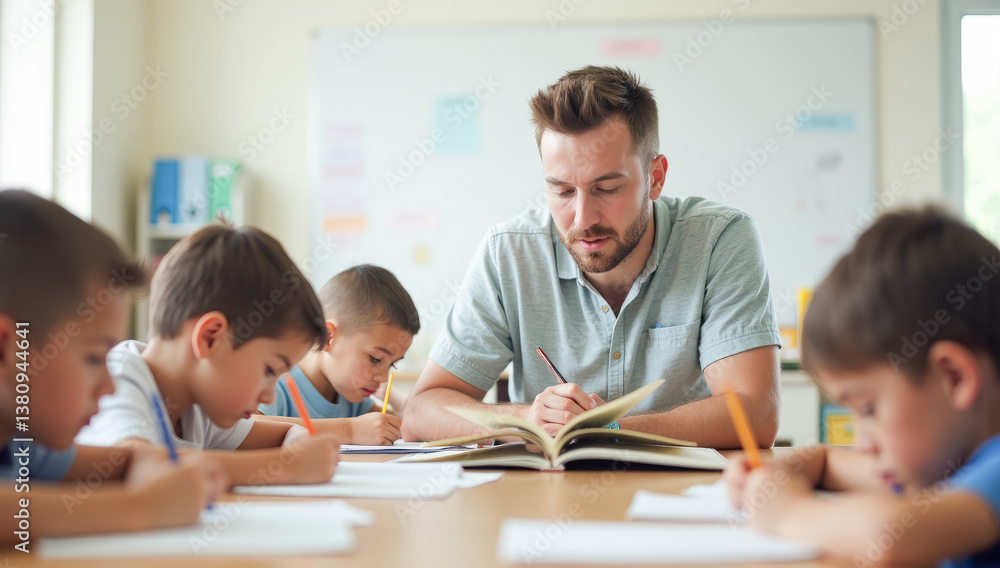 a male teacher reads a book, children and students write in a notebook, a lesson at school a male teacher reads a book, children and students write in a notebook, a lesson at school