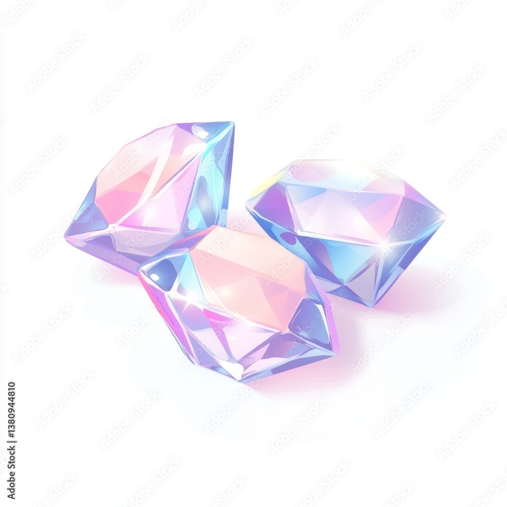 Iridescent gems sparkle on white background, game asset Iridescent gems sparkle on white background, game asset