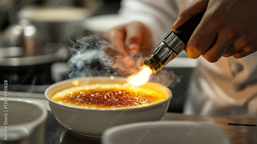 Chef caramelizing sugar on creme br?l?e with a blowtorch in professional kitchen