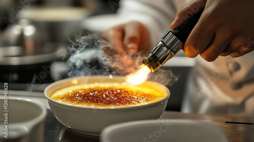 Obraz na płótnie Chef caramelizing sugar on creme br?l?e with a blowtorch in professional kitchen w salonie