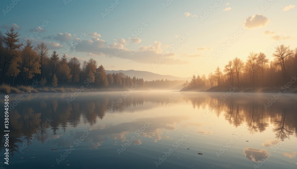 Fototapeta premium Tranquil morning reflections on a serene lake nature landscape photography dawn peaceful environment scenic view