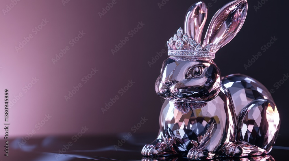 Elegant glossy Easter bunny statuette adorned with a diamond crown on dark backdrop