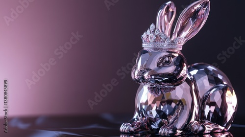 Elegant glossy Easter bunny statuette adorned with a diamond crown on dark backdrop
