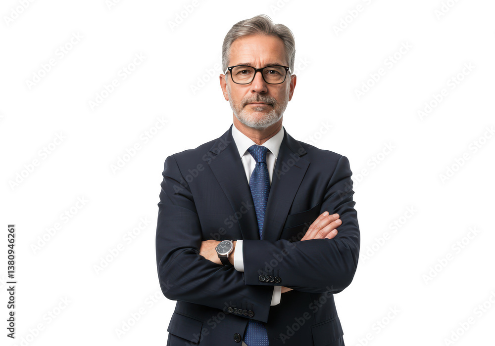 A mature man in a dark navy business suit standing confidently with arms crossed isolated on transparent background A mature man in a dark navy business suit standing confidently with arms crossed isolated on transparent background