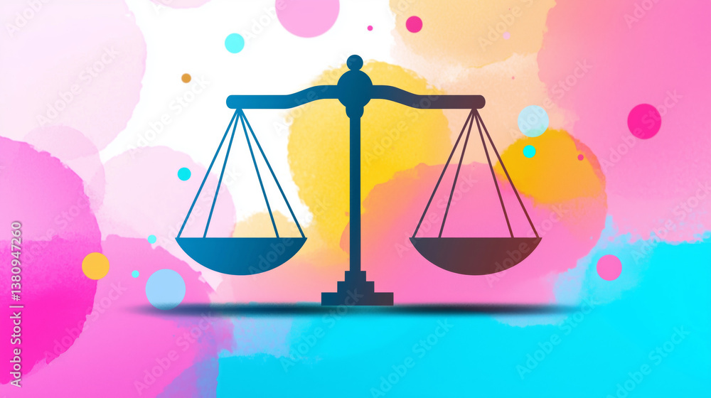balance scale symbolizes fairness and justice, set against vibrant, colorful background that evokes sense of creativity and balance balance scale symbolizes fairness and justice, set against vibrant, colorful background that evokes sense of creativity and balance