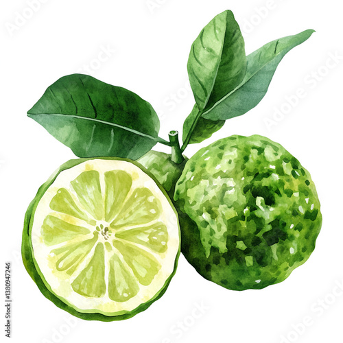 Bergamot with leaves, watercolor clipart illustration with isolated background.