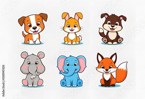Fototapeta Naklejka Na Ścianę i Meble -  Adorable Cartoon Animals: A delightful collection of charming cartoon animals including a playful puppy, a cheerful rabbit, a charming fox, and other endearing creatures, all designed in a vibrant.
