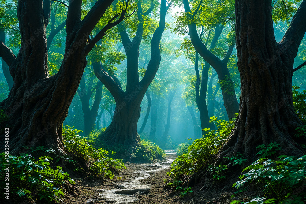 Fototapeta premium A forest with trees and a path. The trees are tall and green, and the path is surrounded by bushes. Scene is peaceful and serene, as the viewer is surrounded by nature and the sounds of the forest