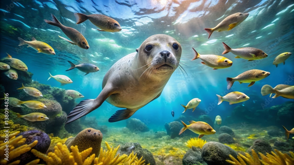 Obraz premium Seal Swimming Among Colorful Fish in Vibrant Underwater Scene