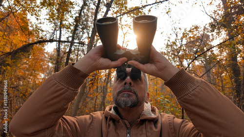 Obraz na płótnie Amateur birdwatcher observing birds and other animals in nature with binoculars. w salonie