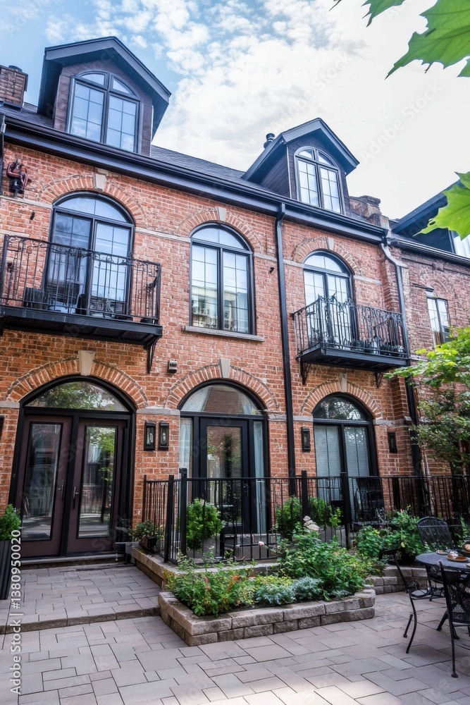 Fototapeta premium Discover a charming brick townhouse boasting graceful balconies and a vibrant garden, all nestled in a peaceful urban environment during the tranquil early afternoon hours