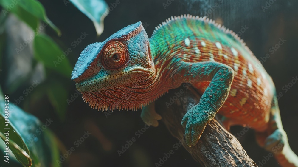 Fototapeta premium Vibrant Chameleon on Branch Close Up