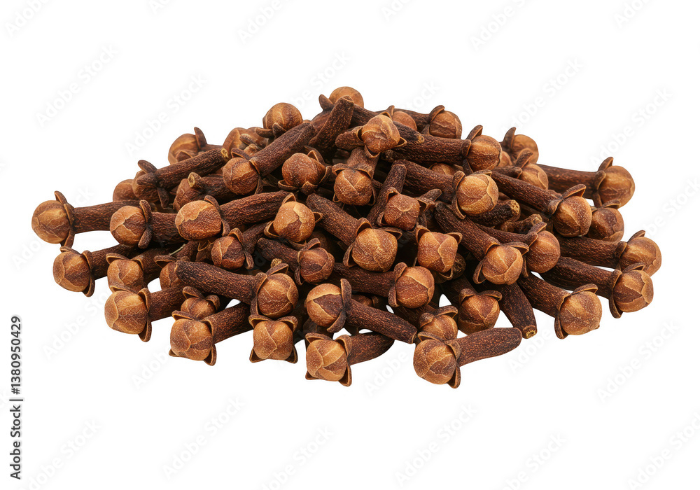 Obraz premium A pile of dried whole cloves showing their brown bud-like heads and tapered stems isolated on transparent background