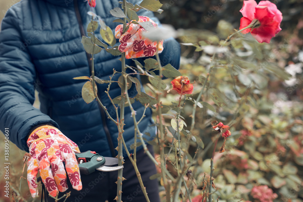 Gardener using pruning shears, taking care of roses, plants and other flowers.