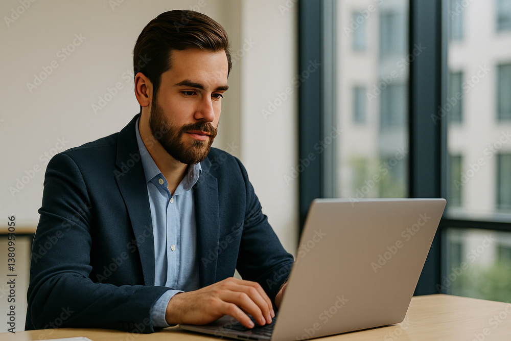 Professional male sitting at desk working on laptop in modern office with natural light Professional male sitting at desk working on laptop in modern office with natural light