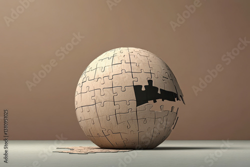 Cracked globe in neutral space, evoking ecological vulnerability, planetary fragility and collapse.