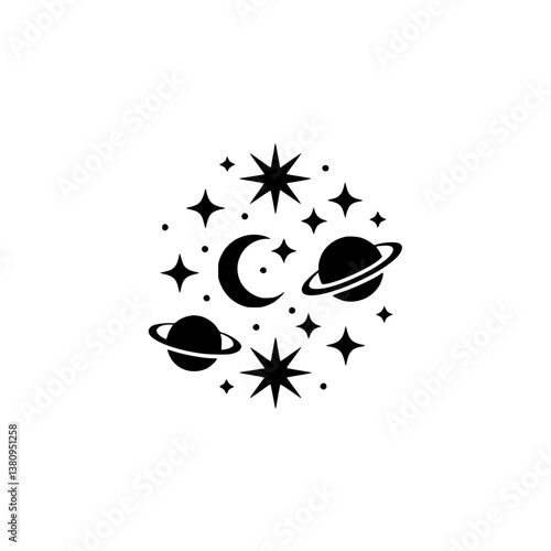 Minimalist Celestial Icon: Moon, Stars, Planets, Modern Vector
