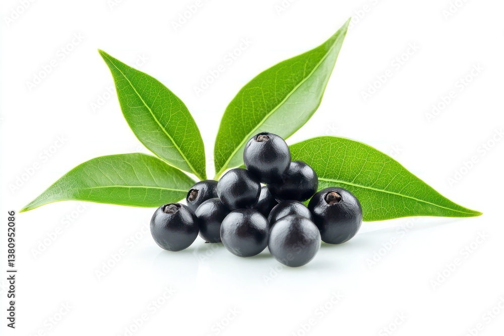 Acai Berries Pile with Green Leaves on White Background for Nutrition Acai Berries Pile with Green Leaves on White Background for Nutrition
