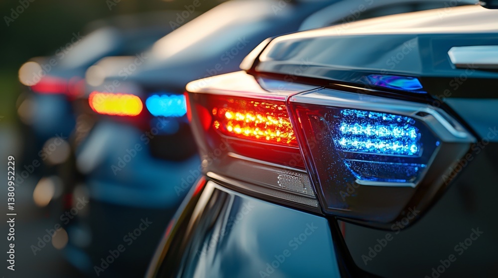 Obraz premium Close-up of police car lights with red and blue flashing signals