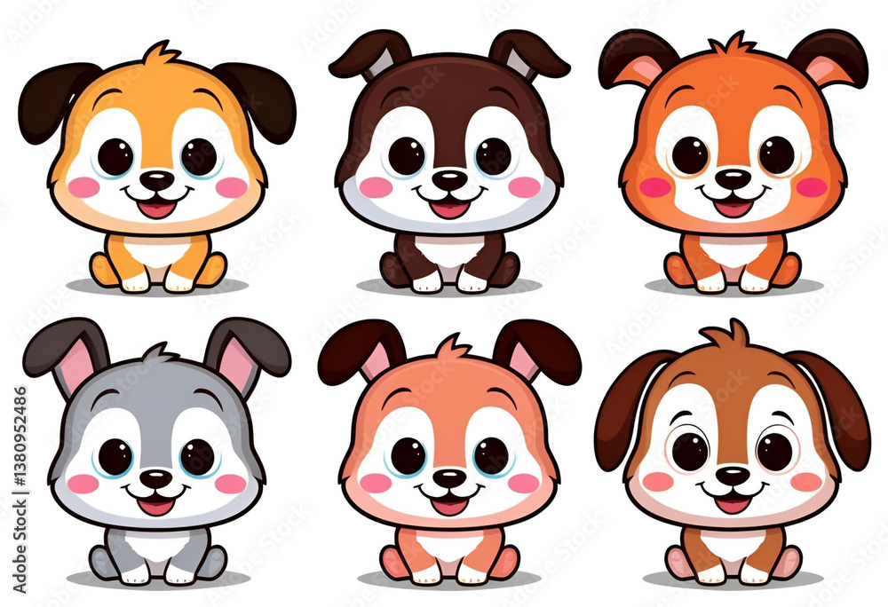 Adorable Pup Trio: A delightful collection of six cartoon puppies, each with a unique coat and expression, radiating charm and friendliness Adorable Pup Trio: A delightful collection of six cartoon puppies, each with a unique coat and expression, radiating charm and friendliness