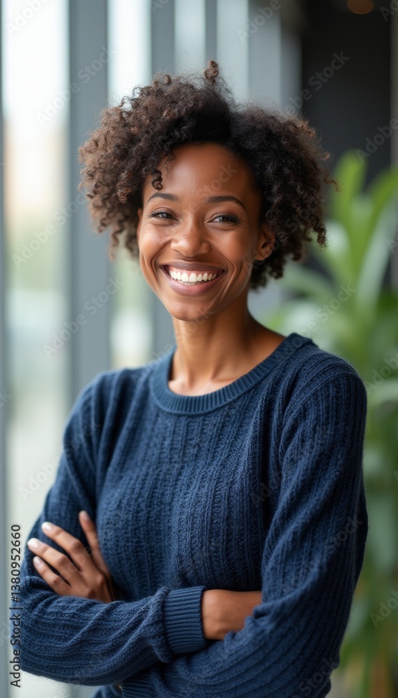 Fototapeta premium A radiant young woman with beautiful curly hair stands confidently with her arms crossed, exuding warmth and positivity. Her bright smile and engaging demeanor create an inviting atmosphere, perfect
