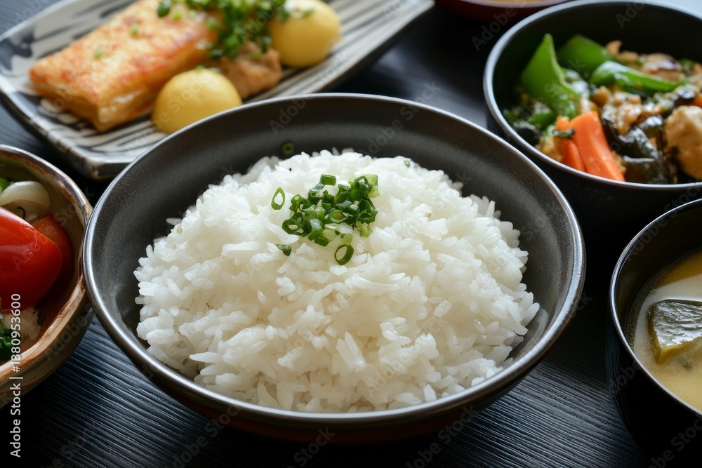 Rice Bowl with Japanese Side Dishes on Dark Table Surface Rice Bowl with Japanese Side Dishes on Dark Table Surface