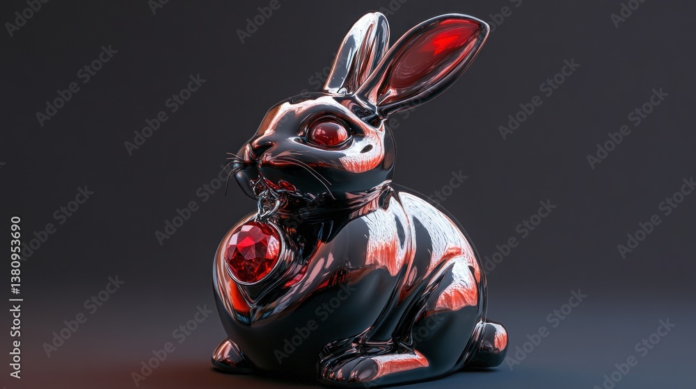 Shiny Rabbit Sculpture with Red Gem on a Dark Background