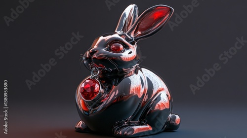 Obraz na płótnie Shiny Rabbit Sculpture with Red Gem on a Dark Background w salonie