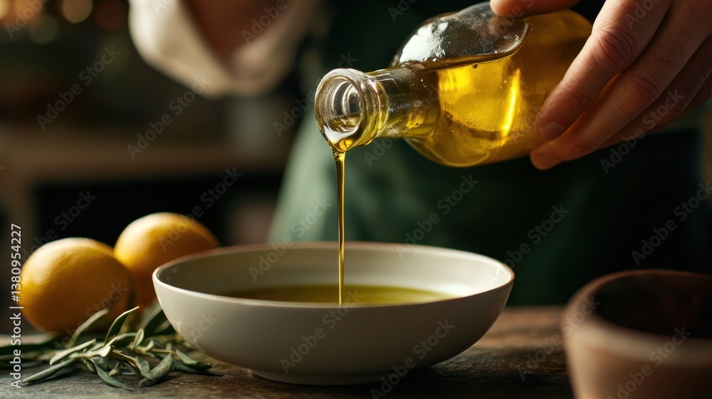 Chef preparing a dish drizzling extra virgin olive oil, healthy Mediterranean diet