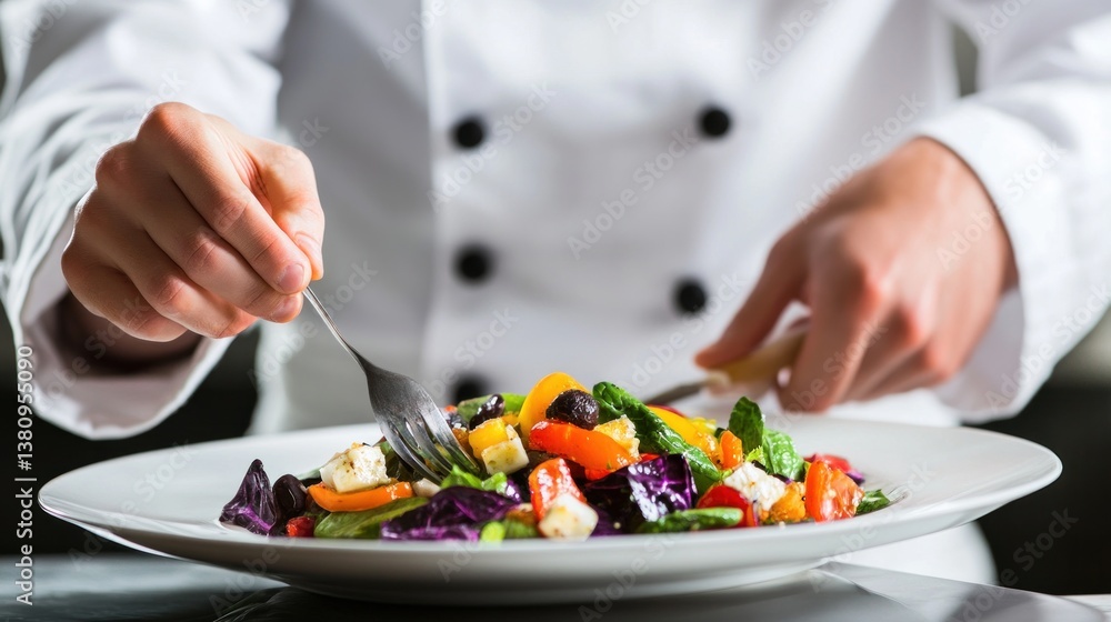 Expert chef intricately plating a vibrant salad with precision and culinary artistry