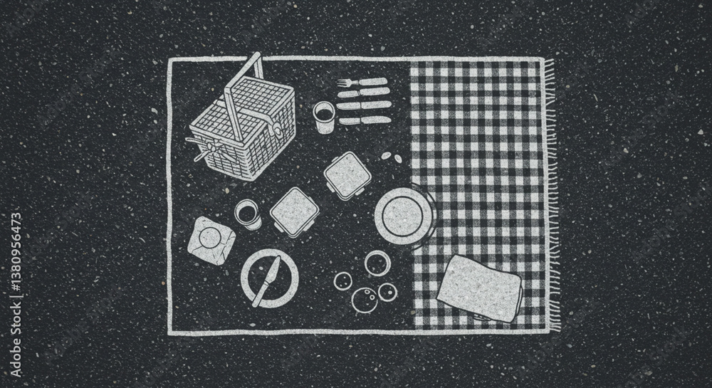 Food items arranged on a checkered tablecloth against a dark background Food items arranged on a checkered tablecloth against a dark background