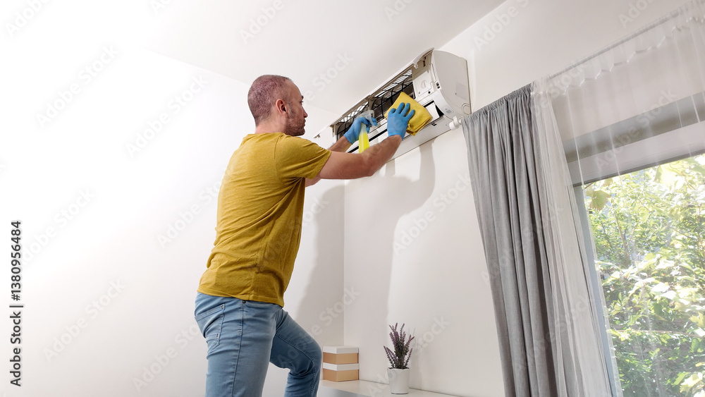 Man cleaning and maintaining air condition unit at home.