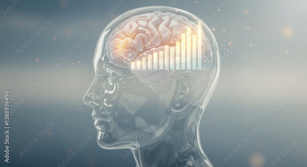 Obraz premium Transparent human head with brain and bar graphs, symbolizing mental clarity and business insight. Concept of intelligence, growth, and analytics.