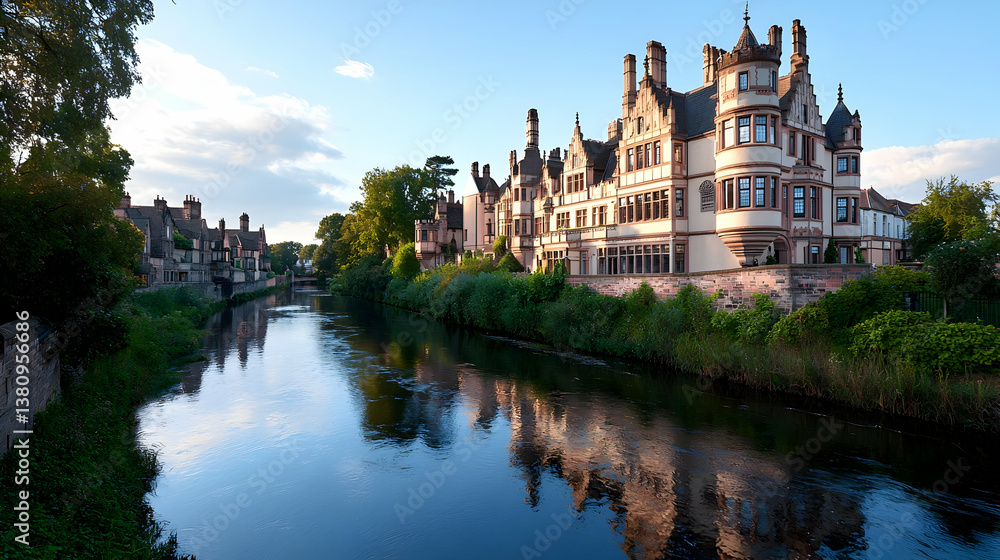 Historic Castle on Riverbank in Warwick, UK Historic Castle on Riverbank in Warwick, UK