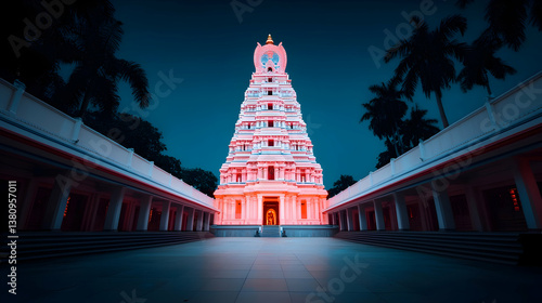Illuminated Temple Tower at Night in Chennai, India