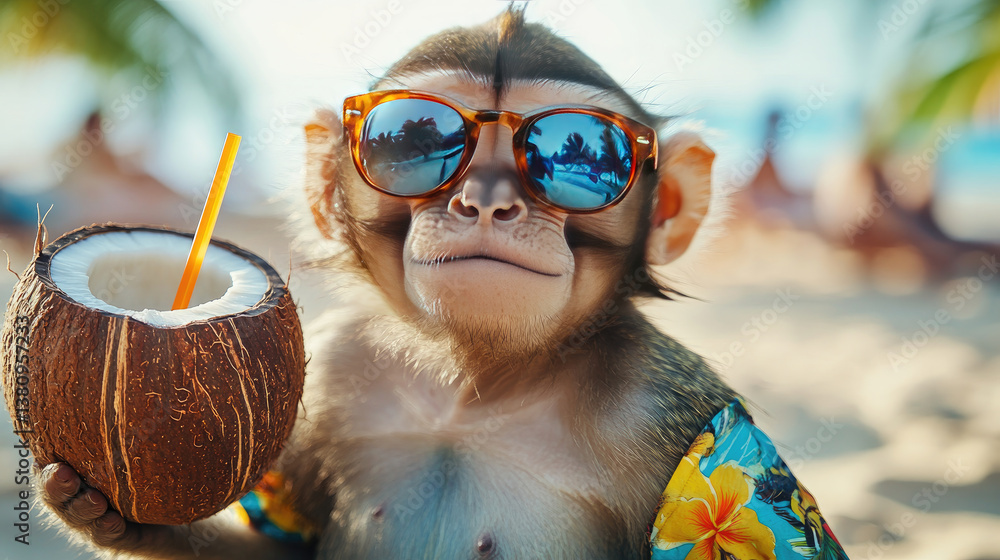 Playful capuchin monkey in colorful Hawaiian outfit and stylish sunglasses, enjoying a refreshing coconut drink on a sunny tropical beach, vacation banner with copy space.