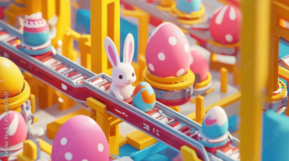 Easter Eggs on Conveyor Belt with Bunny Delivering Holiday Cheer