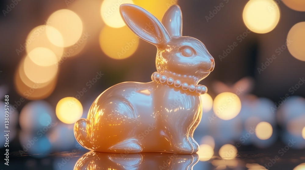 Decorative Rabbit Figurine with Pearl Necklace and Bokeh Background