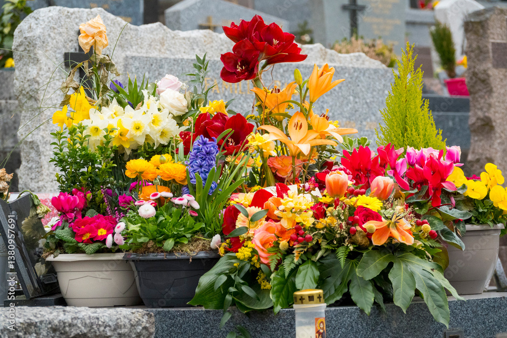 Flowering grave in a cemetery. Flowering grave in a cemetery.