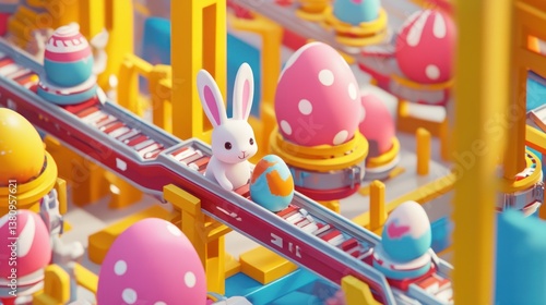 Obraz na płótnie Easter Eggs on Conveyor Belt with Bunny Delivering Holiday Cheer w salonie