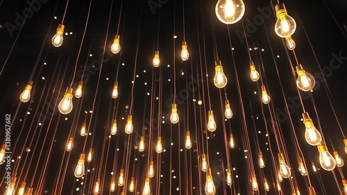 Creative Concept of Hanging Light Bulbs Illuminating a Dark Space Generative AI