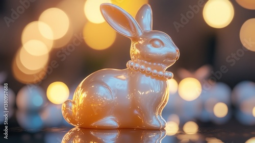 Obraz na płótnie Decorative Rabbit Figurine with Pearl Necklace and Bokeh Background w salonie