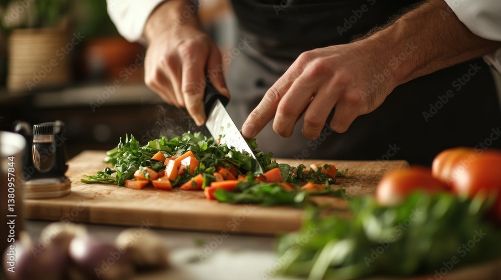 Expert chef skillfully chopping fresh vegetables on wooden board, culinary excellence