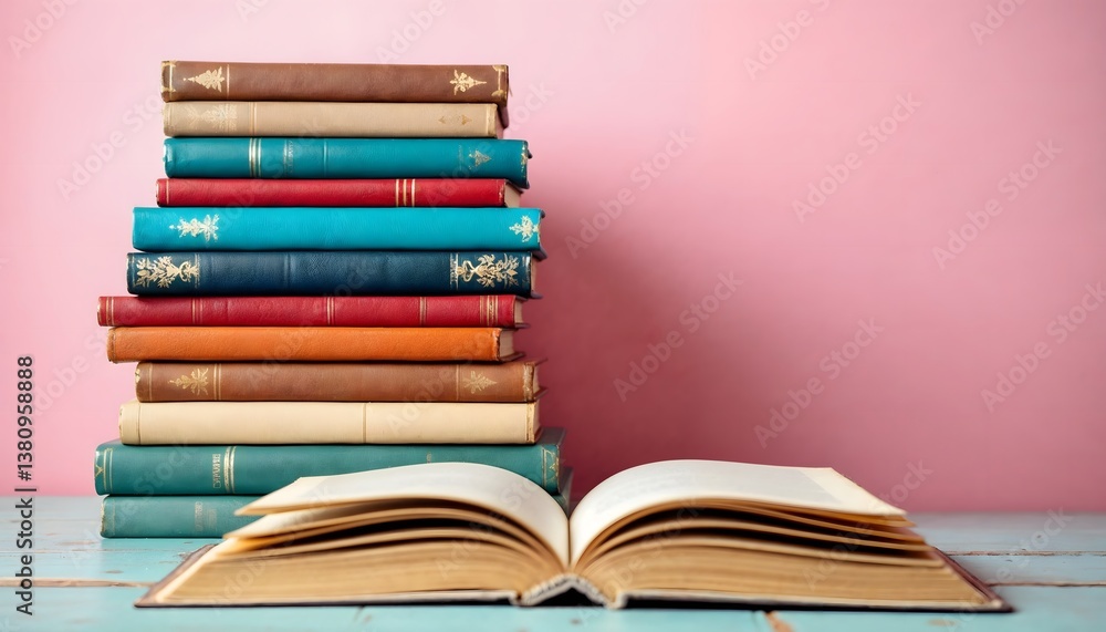 Stack of Books with Open Book on Table Against Pink Background Stack of Books with Open Book on Table Against Pink Background