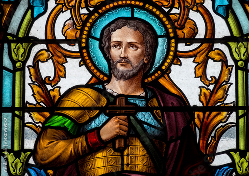 Stained glass (1930) of Saint Maurice. Saint and martyr of the Roman Catholic Church.