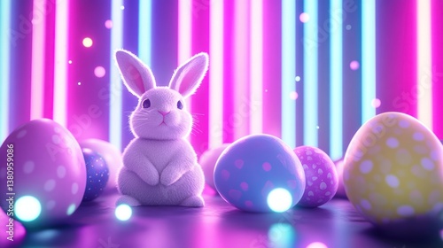 Sitting Bunny with Decorated Eggs and Neon Lights Background